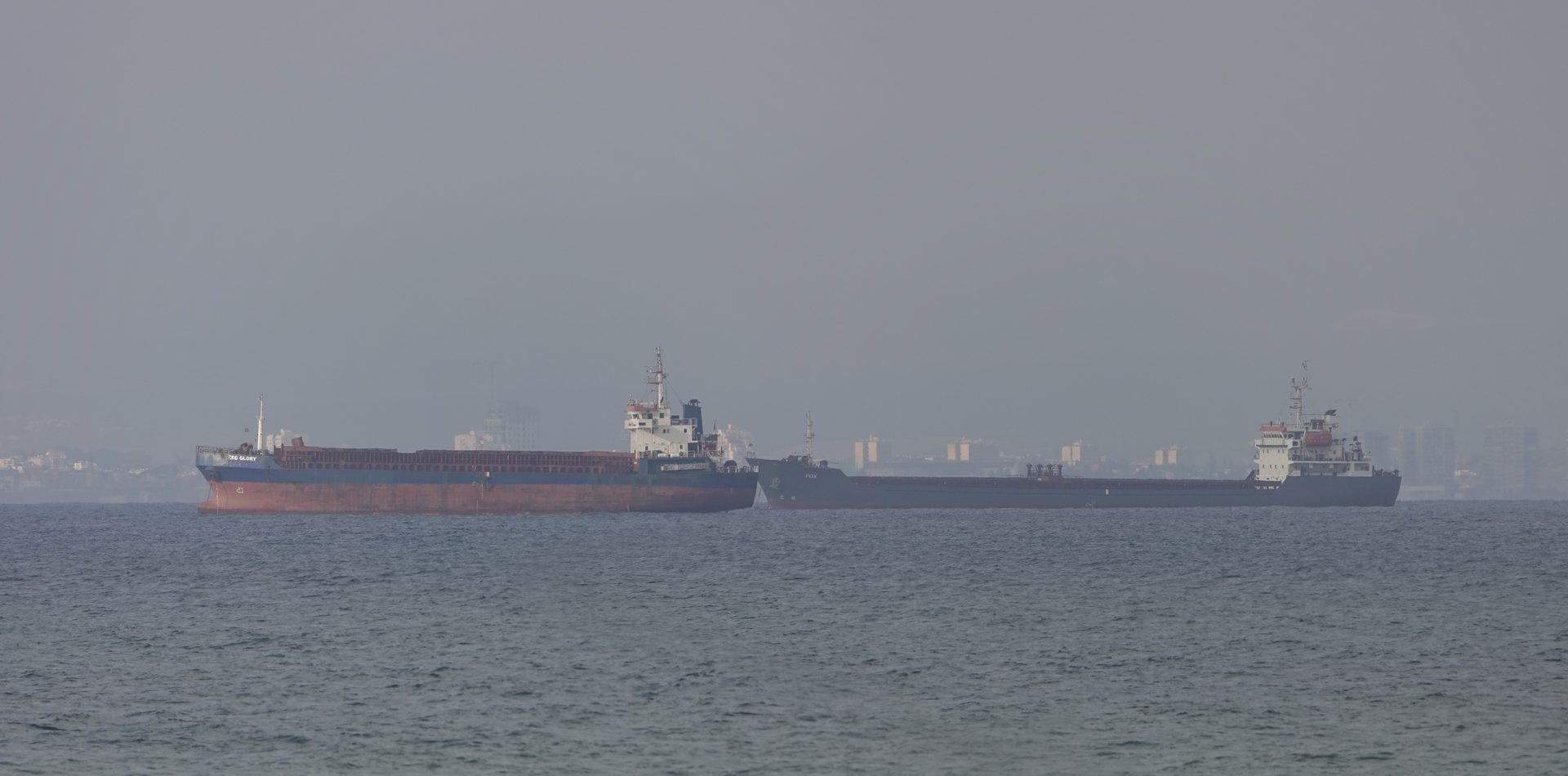 Cargo ship and bulk carrier at anchorage